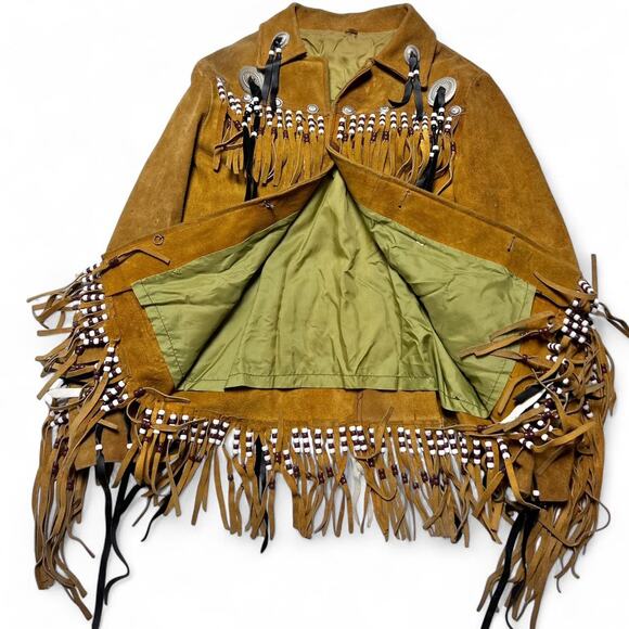 Native American Vintage 70s Western Buckskin Suede Fringe Pony Bead Jacket Small - Picture 5 of 8
